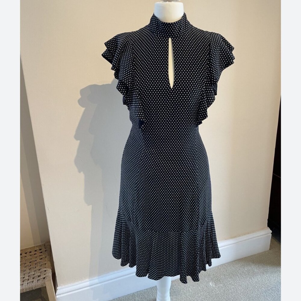 Karen Millen Black White Ruffle Keyhole Tie Neck Dress Size 6